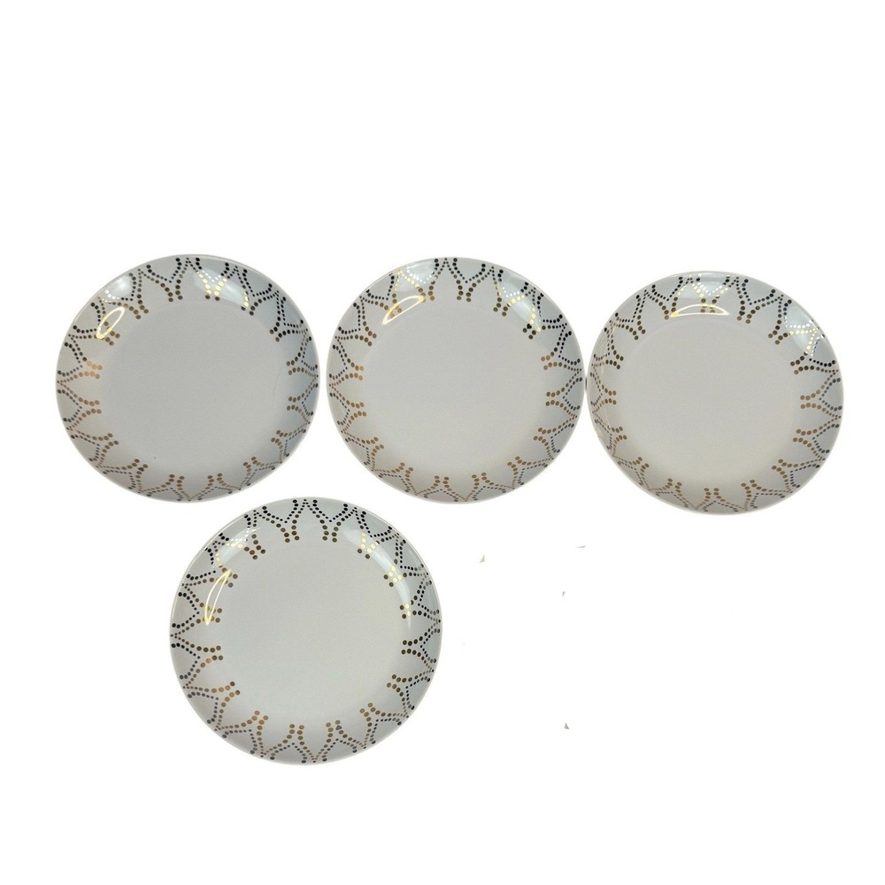 Mingle Appetizer/Dessert Plates Set 4 White Gold Silver Dotted Geometric 6.25 in
